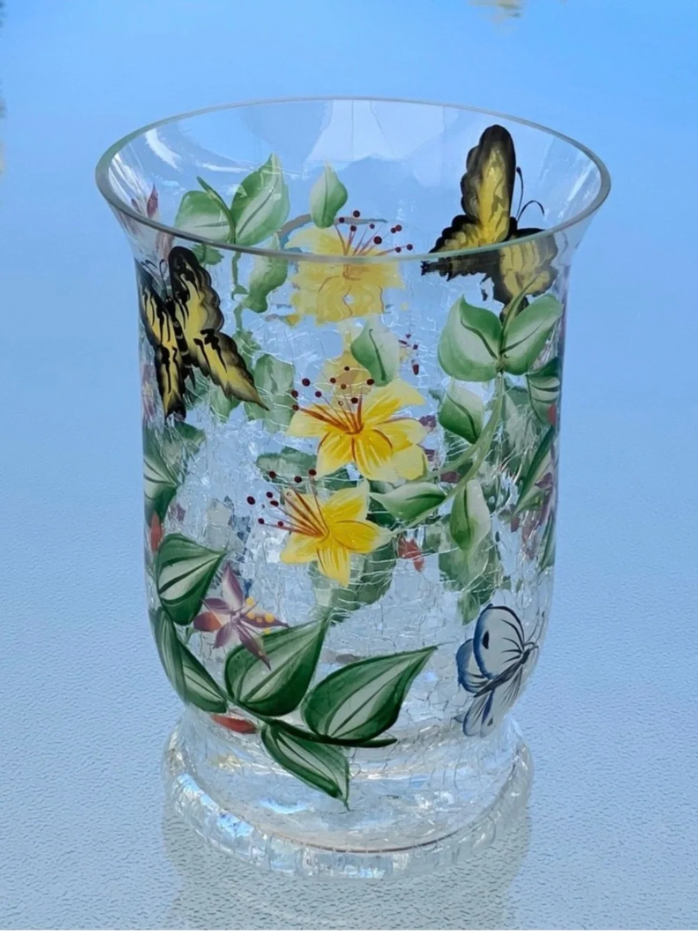 Fifth Avenue Crystal Butterfly Blossom Crackle Glass 6” Hurricane Candle Holder